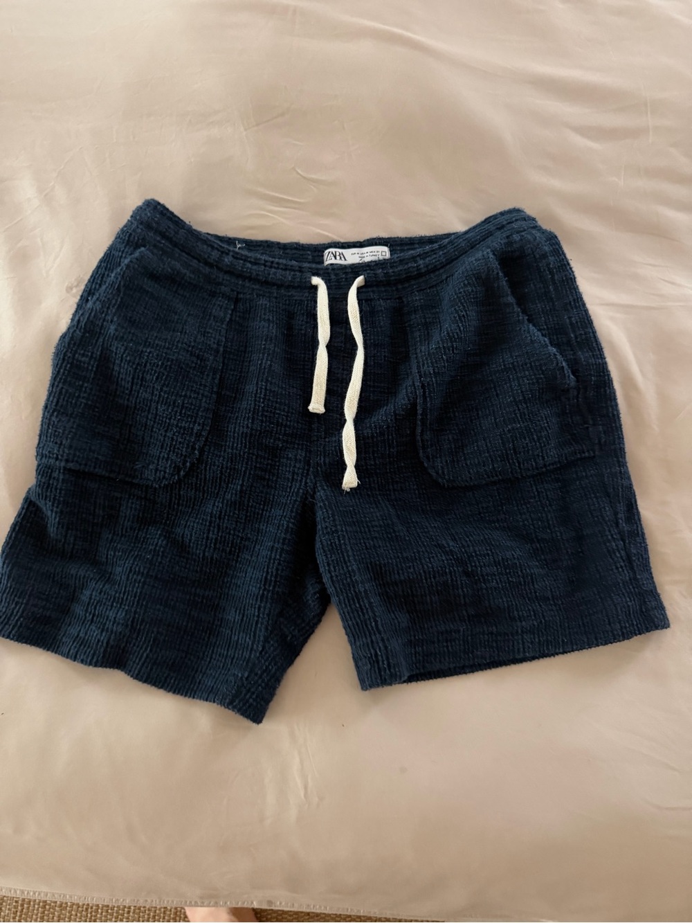 Zara Navy Textured Cotton Drawstring Athletic Shorts